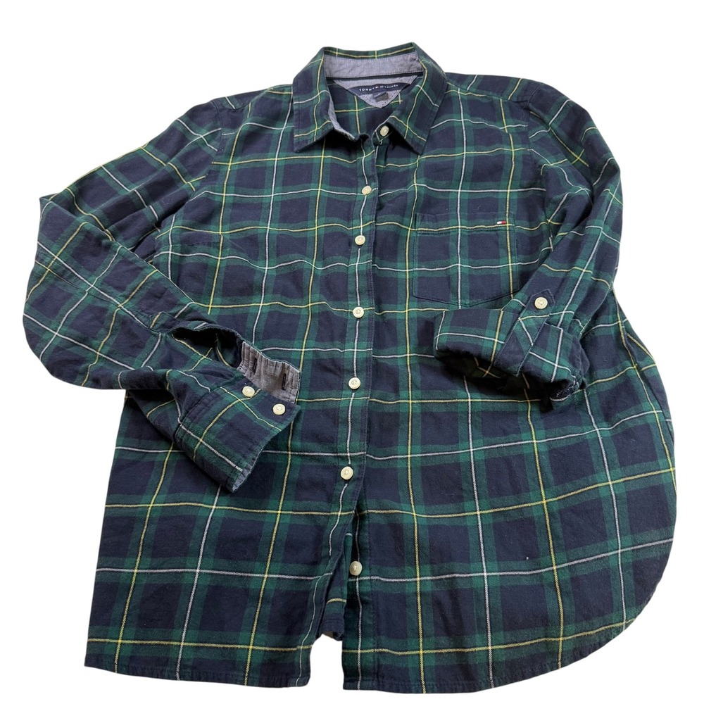 Tommy Hilfiger Womens Flannel Shirt Medium Plaid Green Yellow Button Down‎